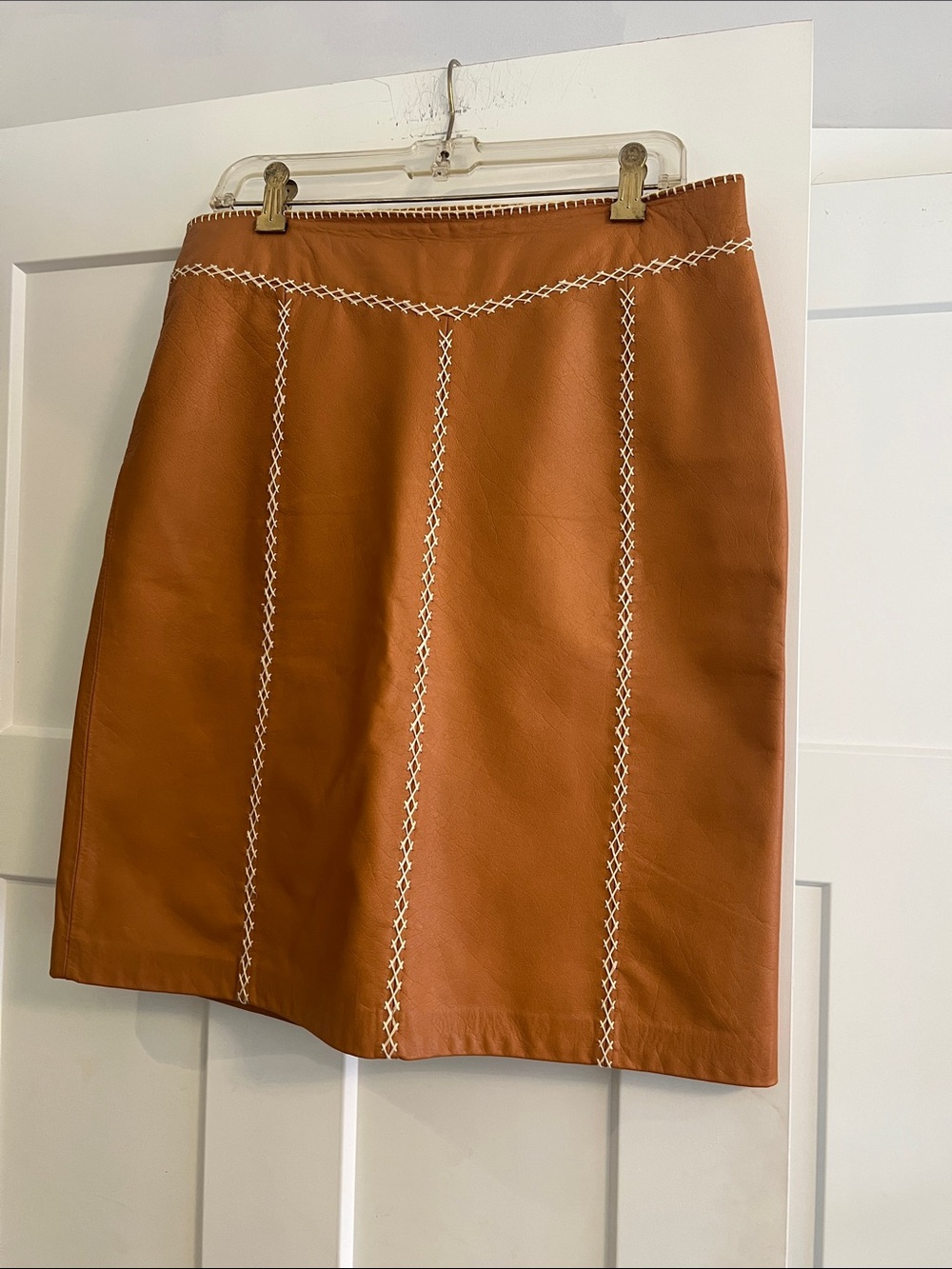 Vintage Gap A-Line Cognac Leather Skirt with Contrast Stitching
